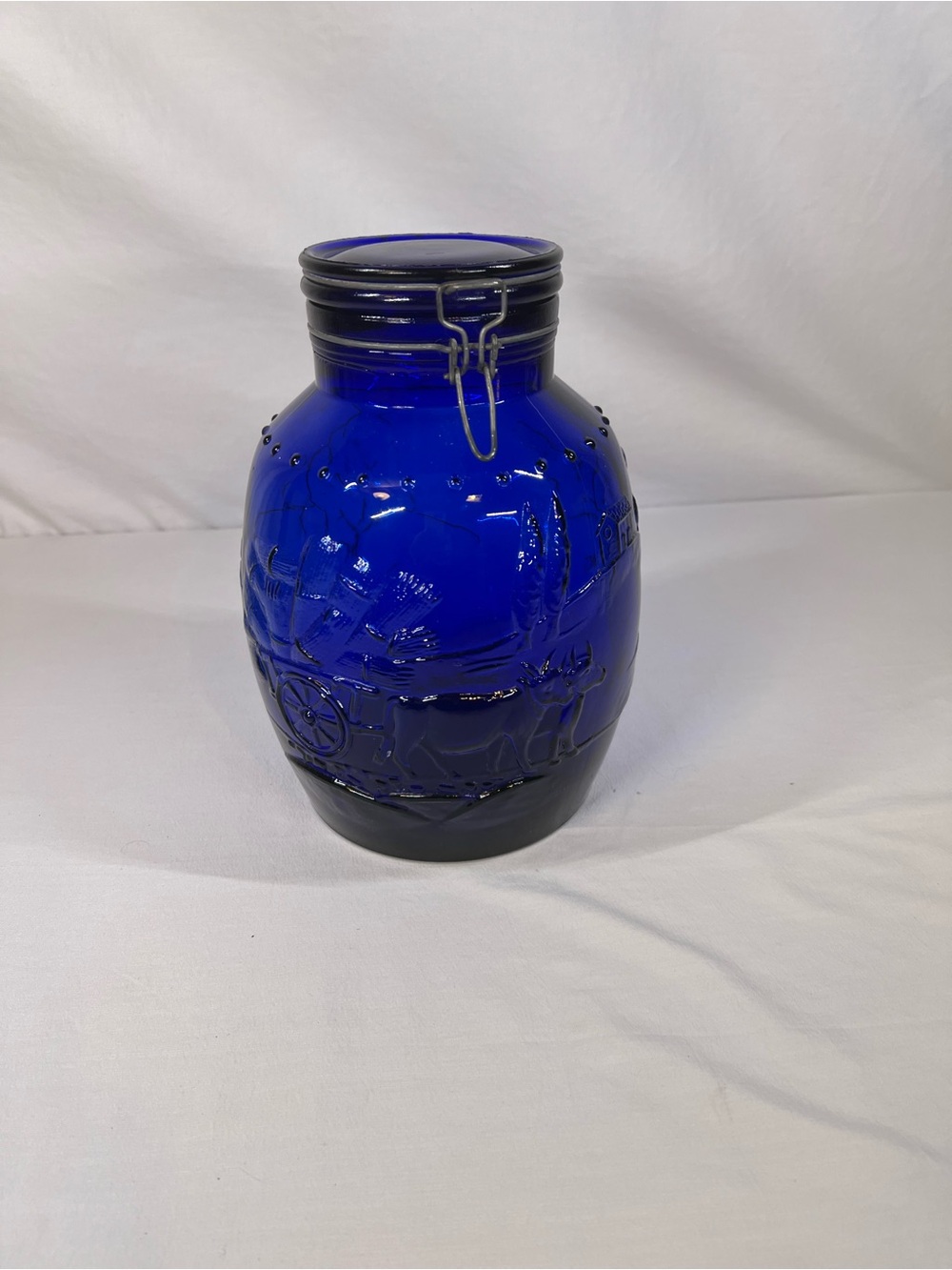 Made in Italy Cobalt Blue Glass Canister Vase with Embossed Design